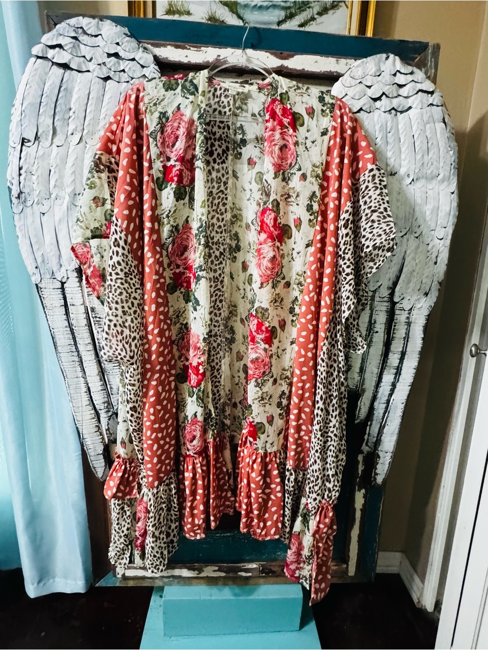 Umgee Mixed Floral and Leopard Open Front Kimono in Cream and Rust and sage